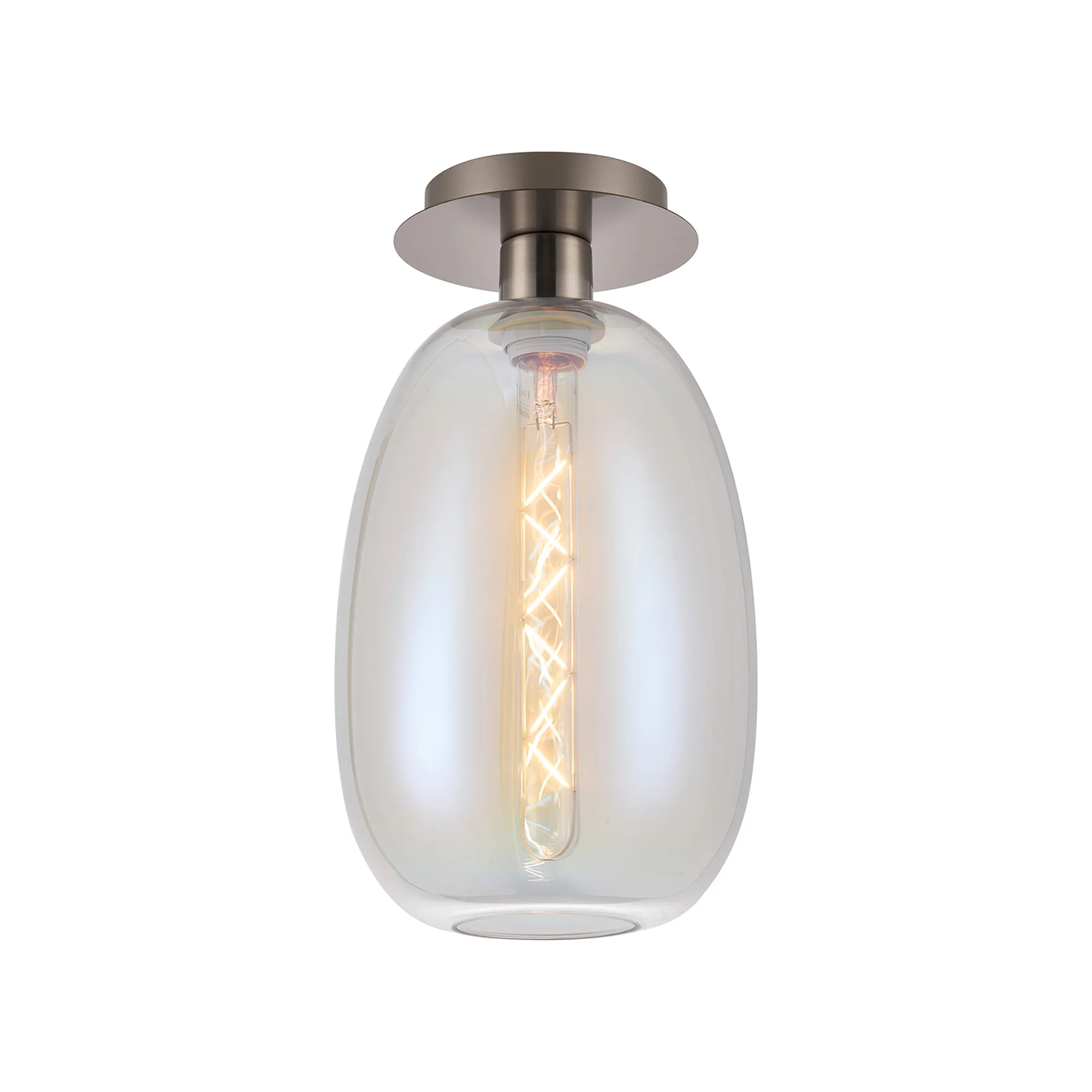 DK1415  Lori 15cm Round Ceiling Flush, 1 Light Flush Fitting E27, Satin Nickel/Iridescent Slim Curved Trapezium Shades